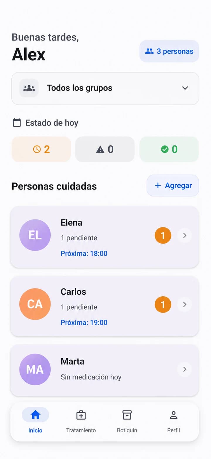 Caregiver view in Blist with fictional data: dose status for three people