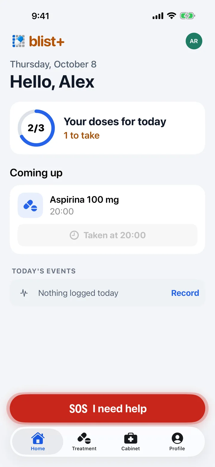 Blist's simple mode with fictional data: large text, today's doses, the next dose and the help button