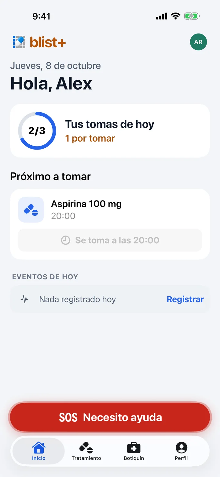 Modo simple de Blist con datos ficticios: letra grande, las tomas del día, la próxima toma y el botón de ayuda