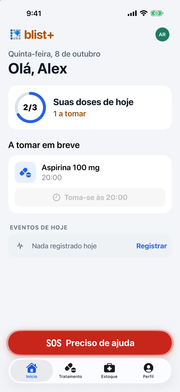 Modo simples do Blist com dados fictícios: letra grande, as doses do dia, a próxima dose e o botão de ajuda